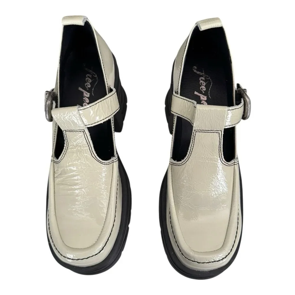 Free People Cream Patent Leather Platform Mary Jane Loafers